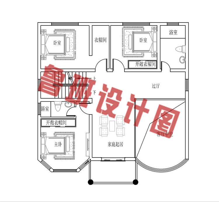 120平方米多露台四层楼房设计二层户型图