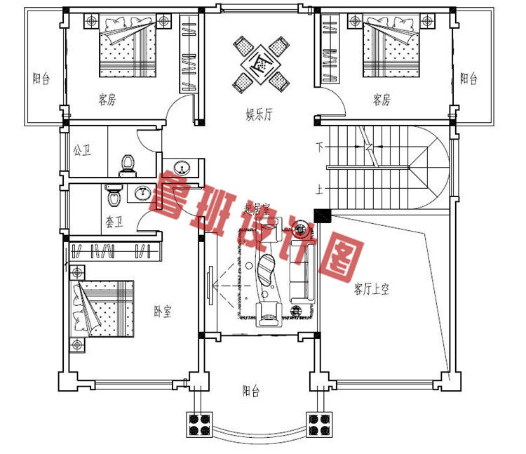 今年最新款带挑空客厅四层别墅户型设计二层户型图