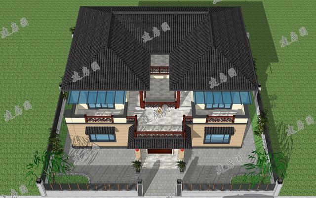16X14.8米乡村大气中式风格小别墅，中庭+天井+大露台