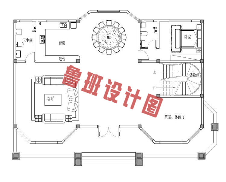 乡村二层欧式别墅设计一层户型图