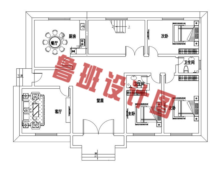 带8间卧室的自建二层别墅设计一层户型图