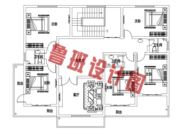 带8间卧室的自建二层别墅设计二层户型图