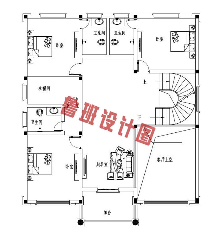 欧式三层别墅设计二层户型图