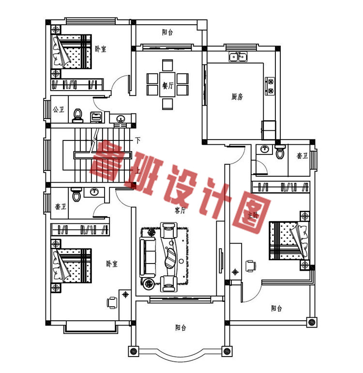 农村自建三层别墅设计二层户型图