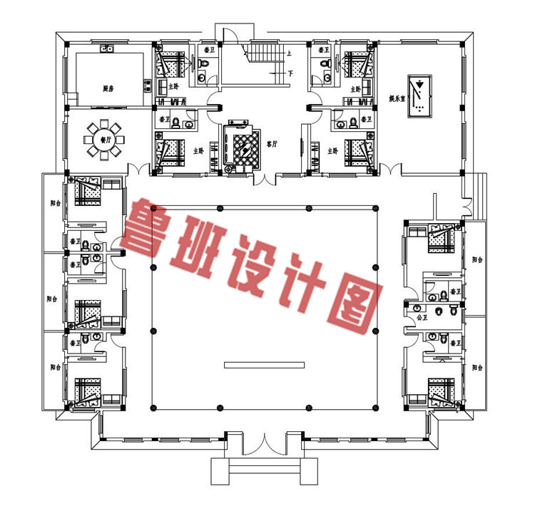 复古中式二层四合院自建别墅设计一层户型图