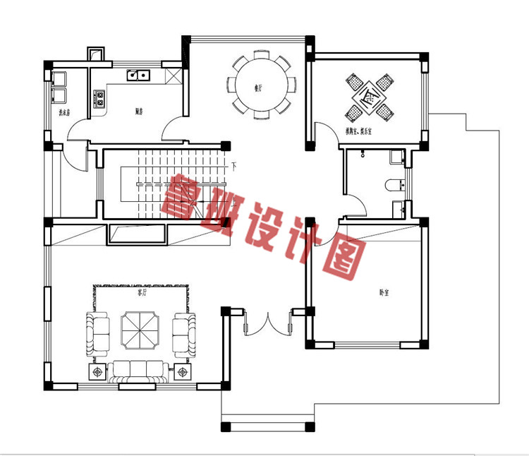 带挑空客厅二层农村别墅设计一层户型图