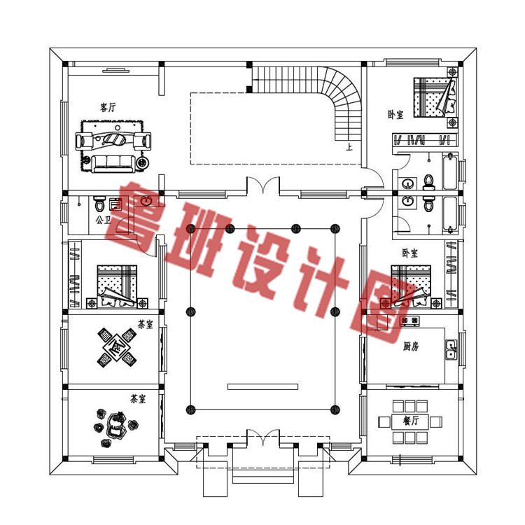 双露台四合院自建二层别墅设计一层户型图