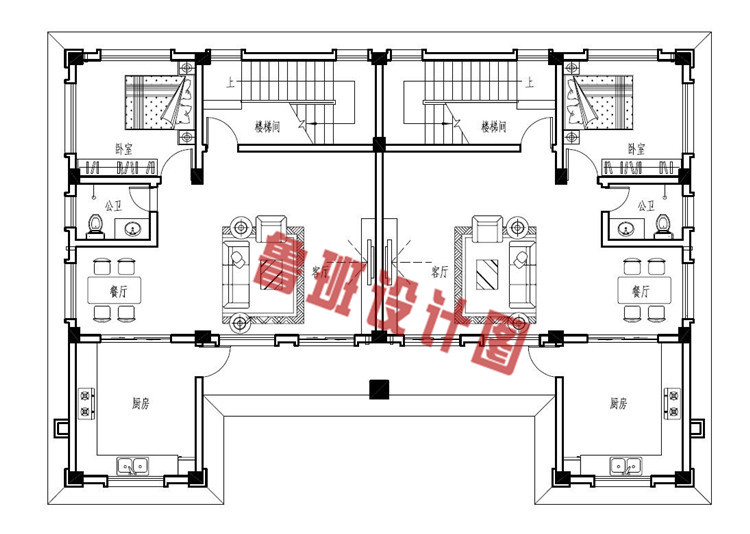 豪华欧式三层兄弟双拼自建别墅户型设计一层户型图