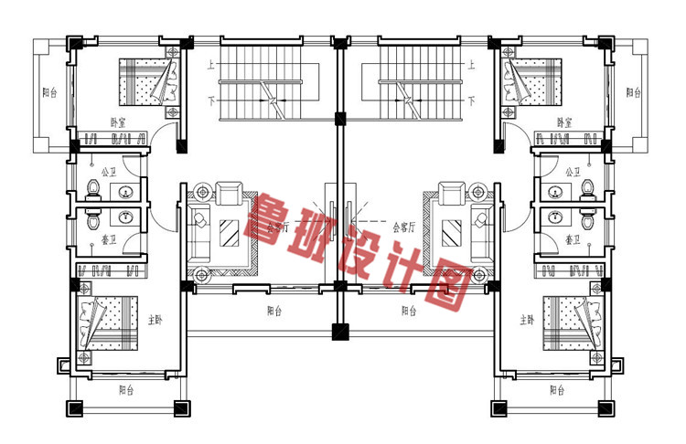 豪华欧式三层兄弟双拼自建别墅户型设计二层户型图