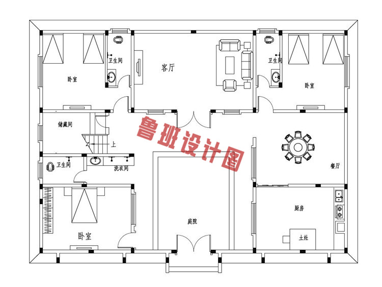 带庭院18x13米二层中式别墅设计一层户型图