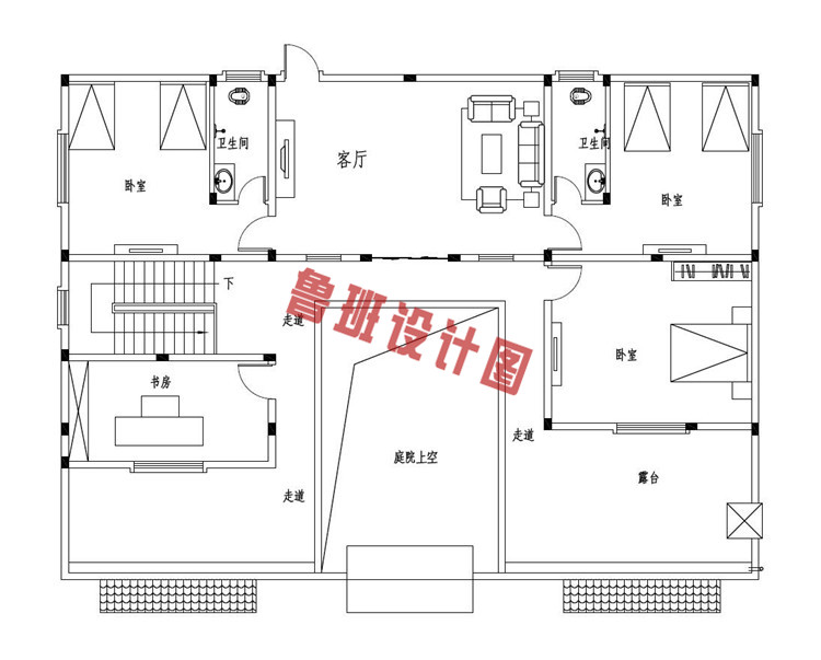 带庭院18x13米二层中式别墅设计二层户型图