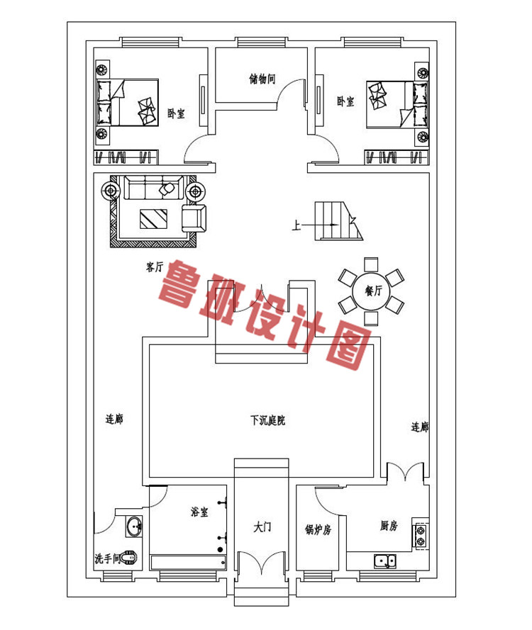 带下沉庭院两层别墅设计一层户型图