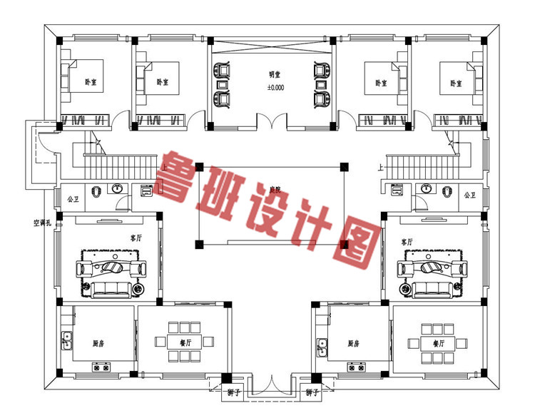 带大露台二层四合院别墅设计一层户型图