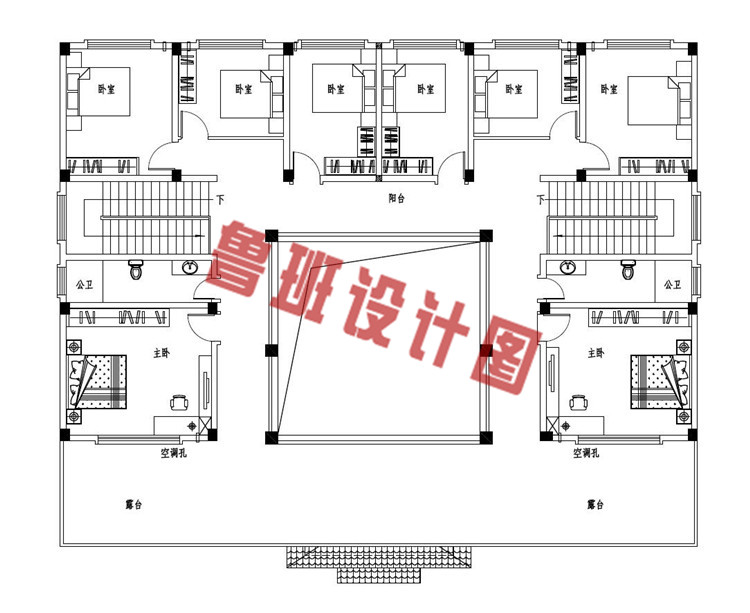 带大露台二层四合院别墅设计二层户型图