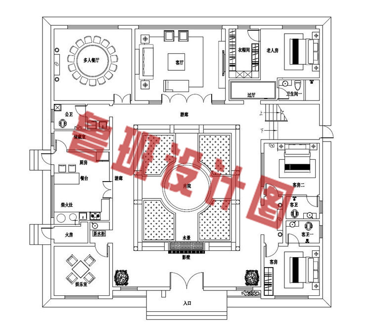 占地240平方米左右新中式二层别墅设计一层户型图