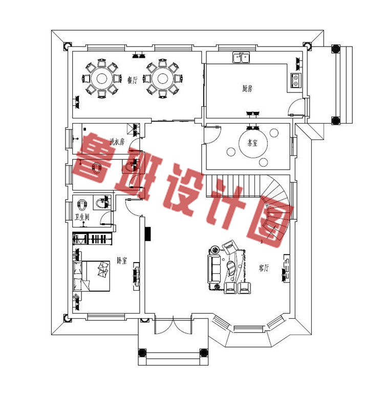 欧式带超大落地窗三层自建别墅设计一层户型图