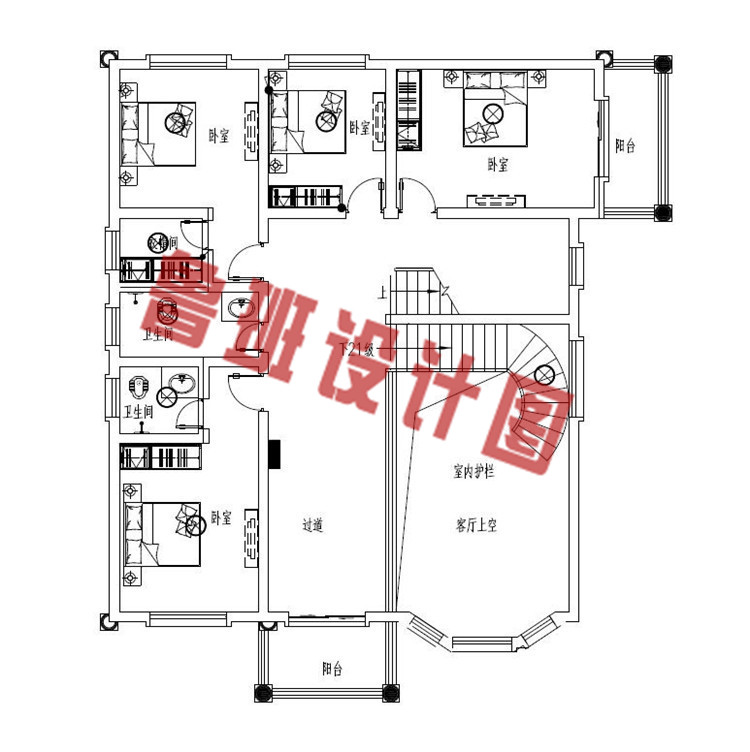 欧式带超大落地窗三层自建别墅设计二层户型图