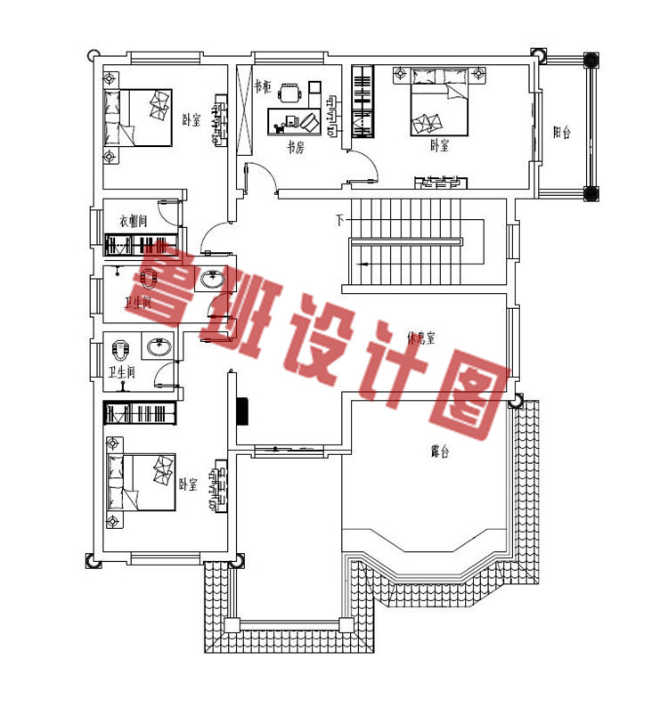 欧式带超大落地窗三层自建别墅设计三层户型图