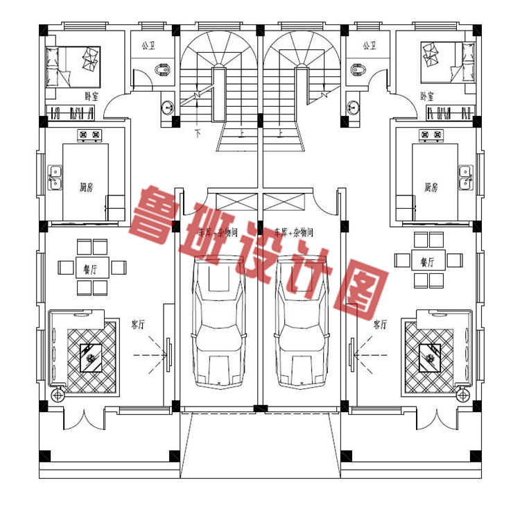 农村新式三层兄弟双拼别墅设计一层户型图