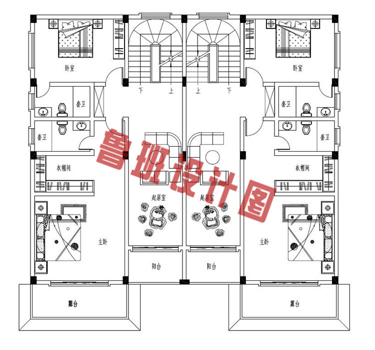 农村新式三层兄弟双拼别墅设计二层户型图