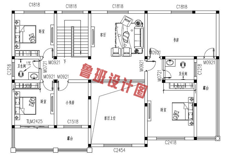 欧式二层乡村别墅设计二层户型图