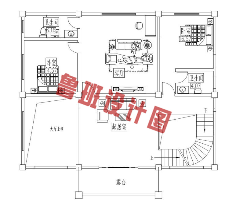 现代复式三层自建别墅设计二层户型图