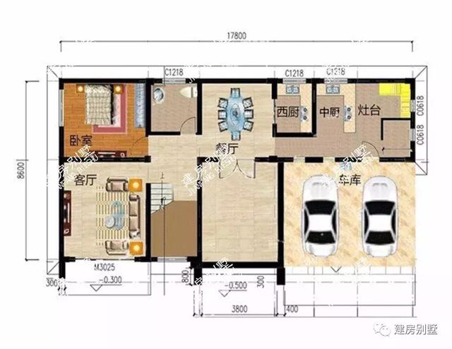 带双车位设计的两栋自建房，第一栋中式风格，第二栋很洋气