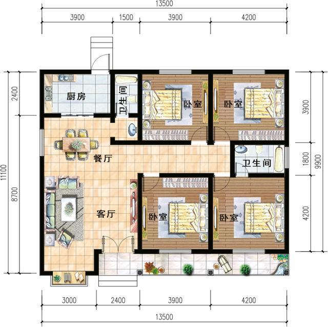 低造价的13.5米面宽别墅户型，简单外观，大方实用的好房子！