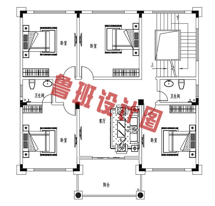 欧式三层带大露台自建别墅设计二层户型图