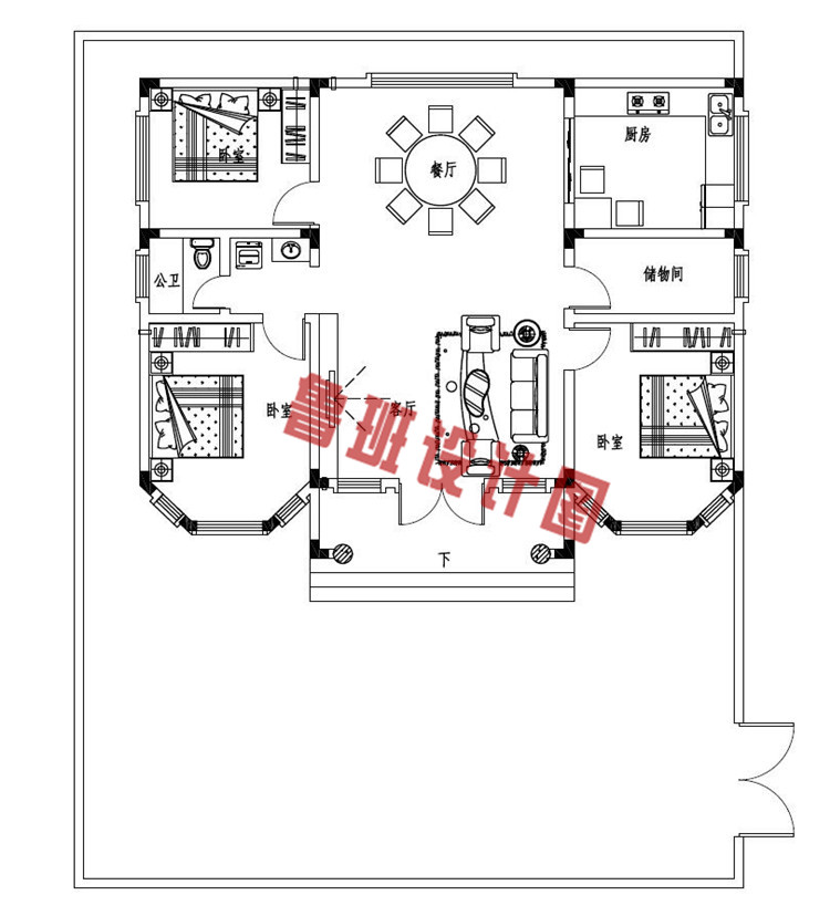 现代欧式自建一层别墅设计一层户型图