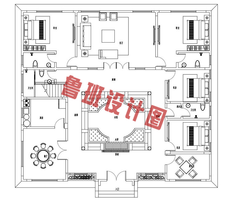 二层中式四合院别墅设计一层户型图