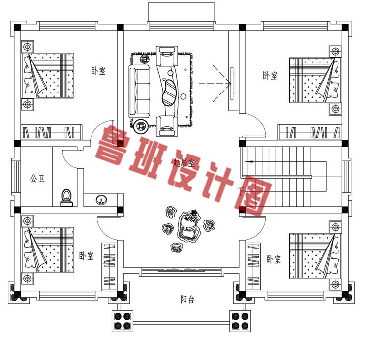 豪华大气三层欧式自建别墅设计二层户型图