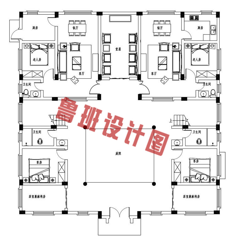 最新四合院别墅自建房设计一层户型图