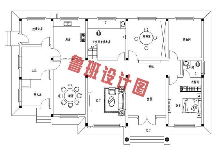 2019最新款二层欧式带烤火房别墅设计一层户型图