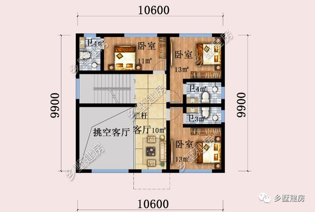 10.6×9.9农村别墅，挑空客厅+大露台，颜值高功能多