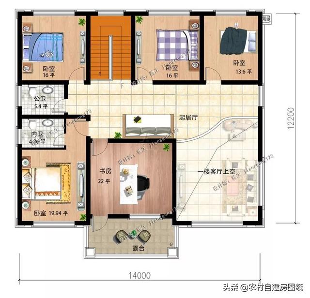 14×12米复式二层带堂屋，这款农村别墅建出来面子里子都有了