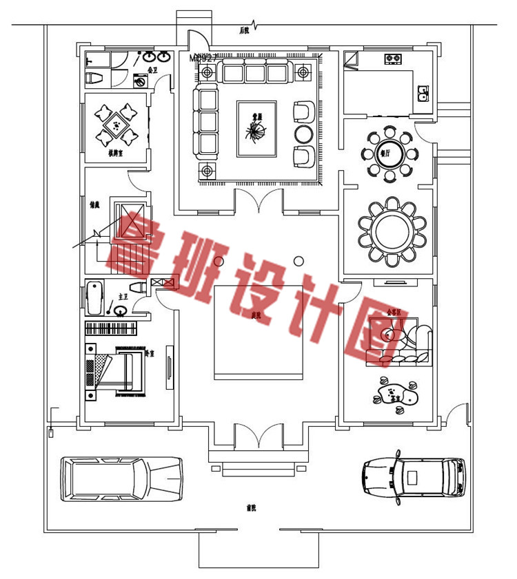 带堂屋新农村三层中式四合院别墅设计一层户型图