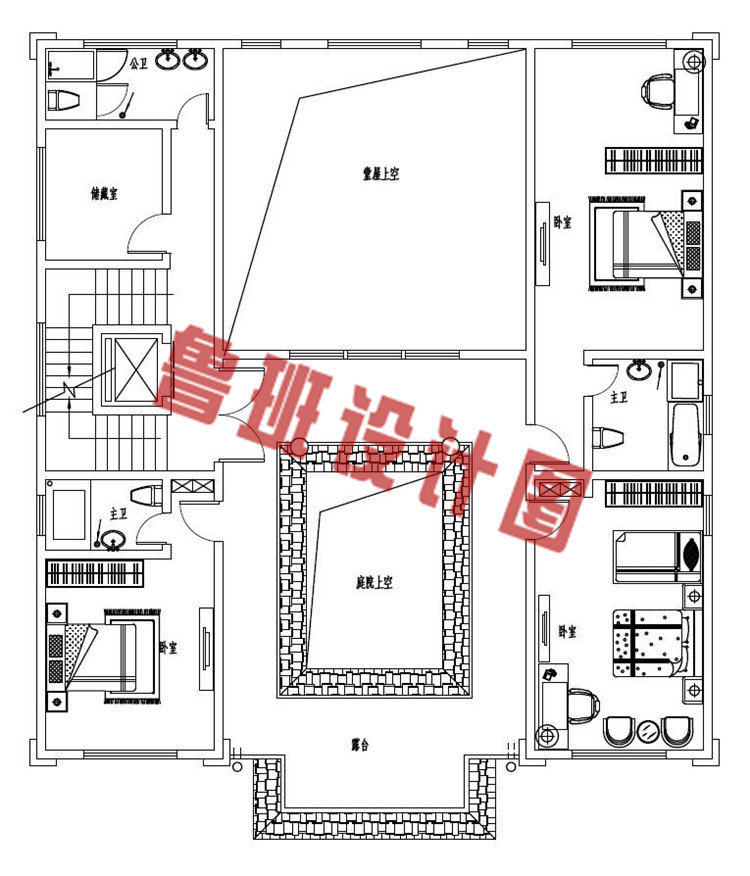 带堂屋新农村三层中式四合院别墅设计二层户型图