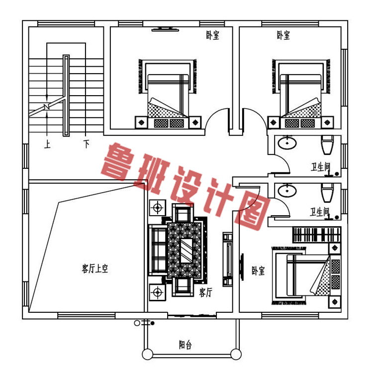 130平方米三层复式别墅设计二层户型图