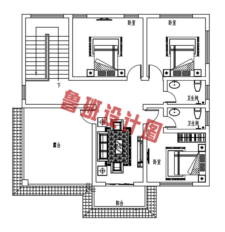 130平方米三层复式别墅设计三层户型图