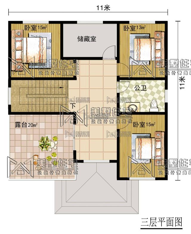 11x11米三层别墅，7居室还带棋牌室，理想农村生活的标配