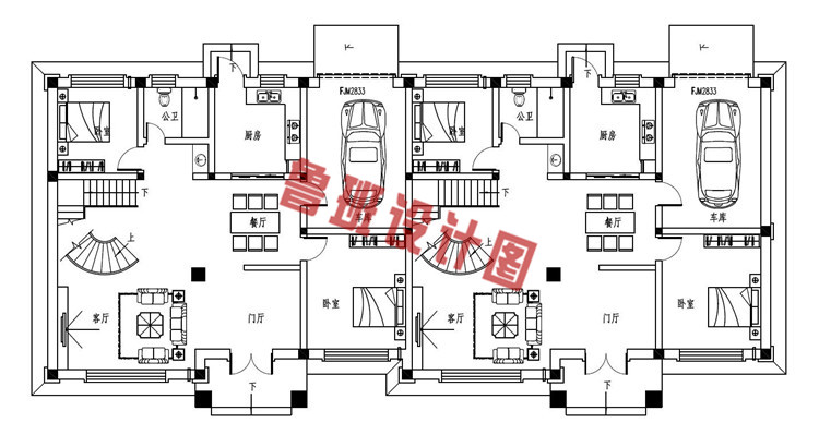 乡村欧式三层双拼别墅设计一层户型图