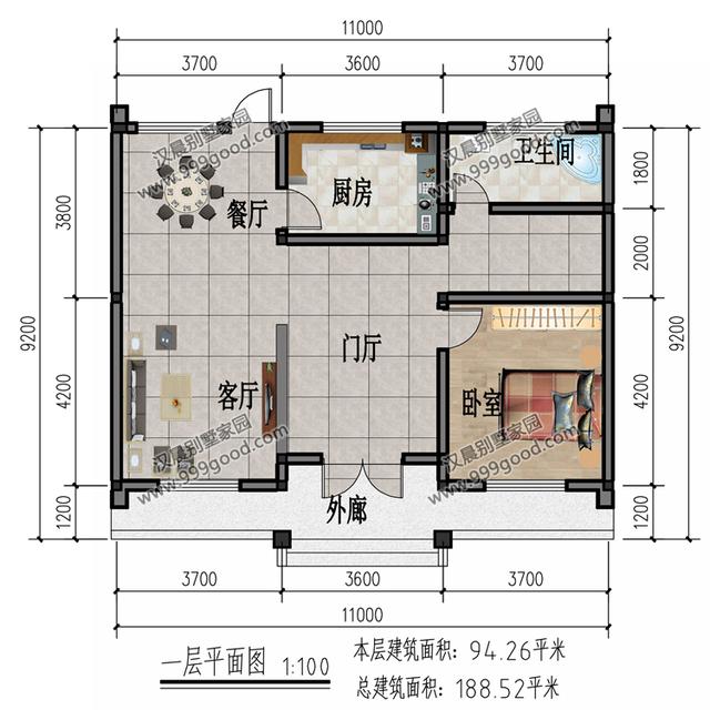 占地94平农村小别墅，11X9.2米一层半户型，造价经济实用性不掉队