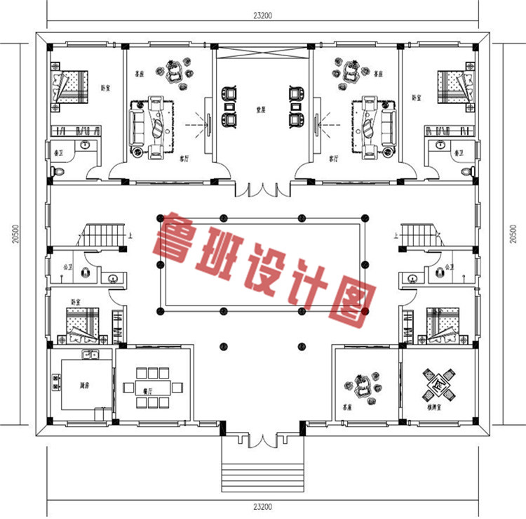 中式二层四合院别墅设计一层户型图