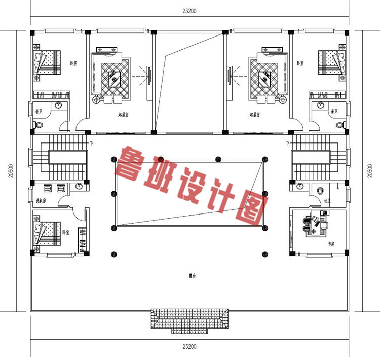 中式二层四合院别墅设计二层户型图