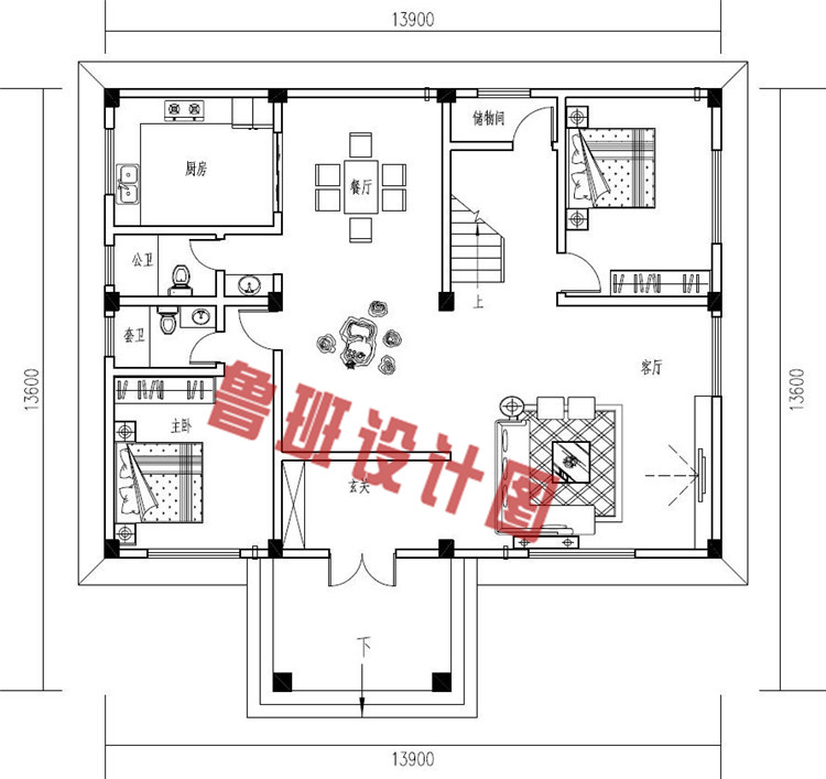 现代简约二层农村小别墅设计一层户型图