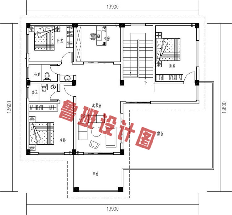 现代简约二层农村小别墅设计二层户型图