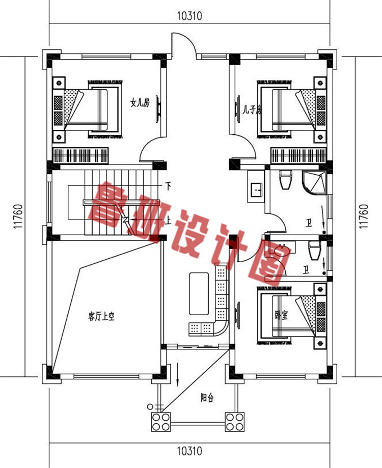 复式三层经典农村自建别墅设计二层户型图