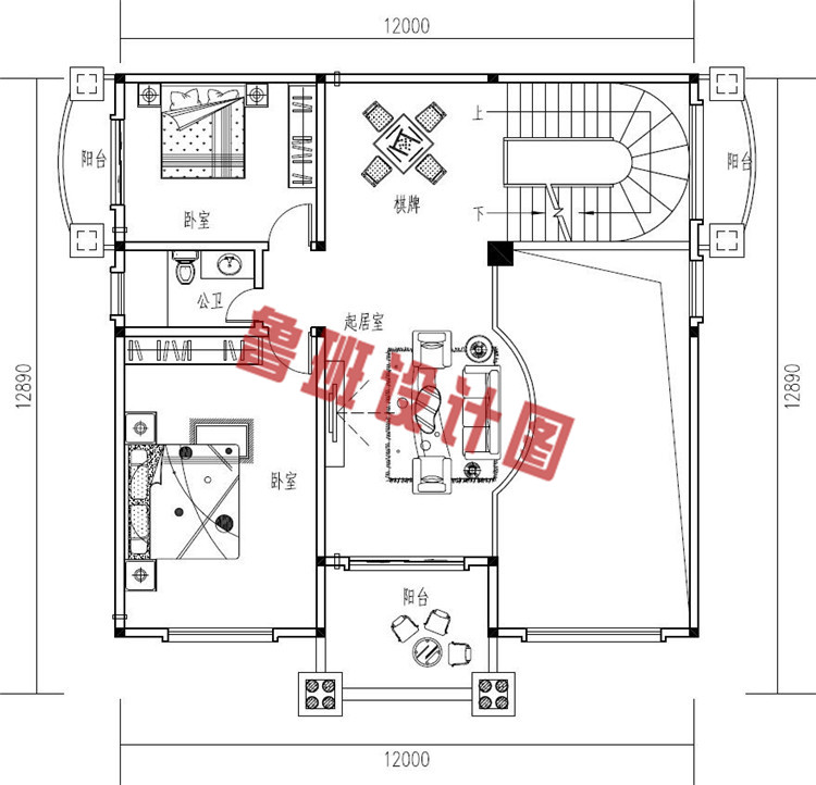 高端大气四层复式别墅房屋设计二层户型图