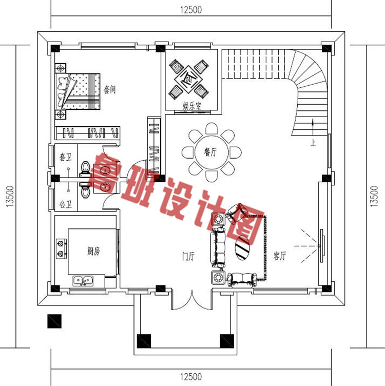 豪华大气四层带露台独栋别墅设计一层户型图